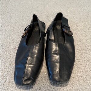 VINCE Cadot Black Leather Slingback Flats Square Toe Tortoise Buckle Size 9